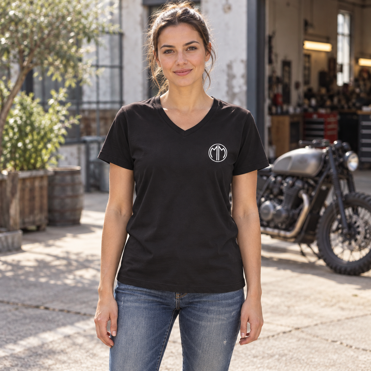 AI lifestyle mockup of MM Throttle V-Neck T-Shirt; original product detail images retained