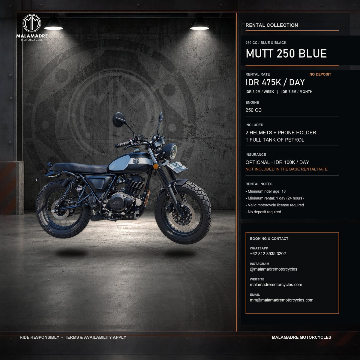 Mutt 250 Blue rental motorcycle