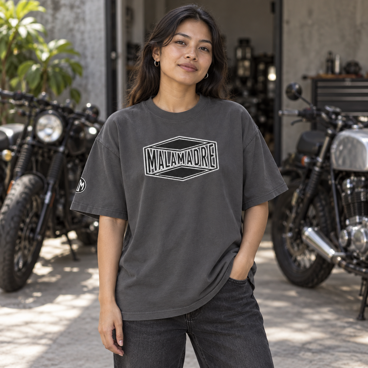 AI lifestyle mockup of MALAMADRE Oversized FADED; original product detail images retained