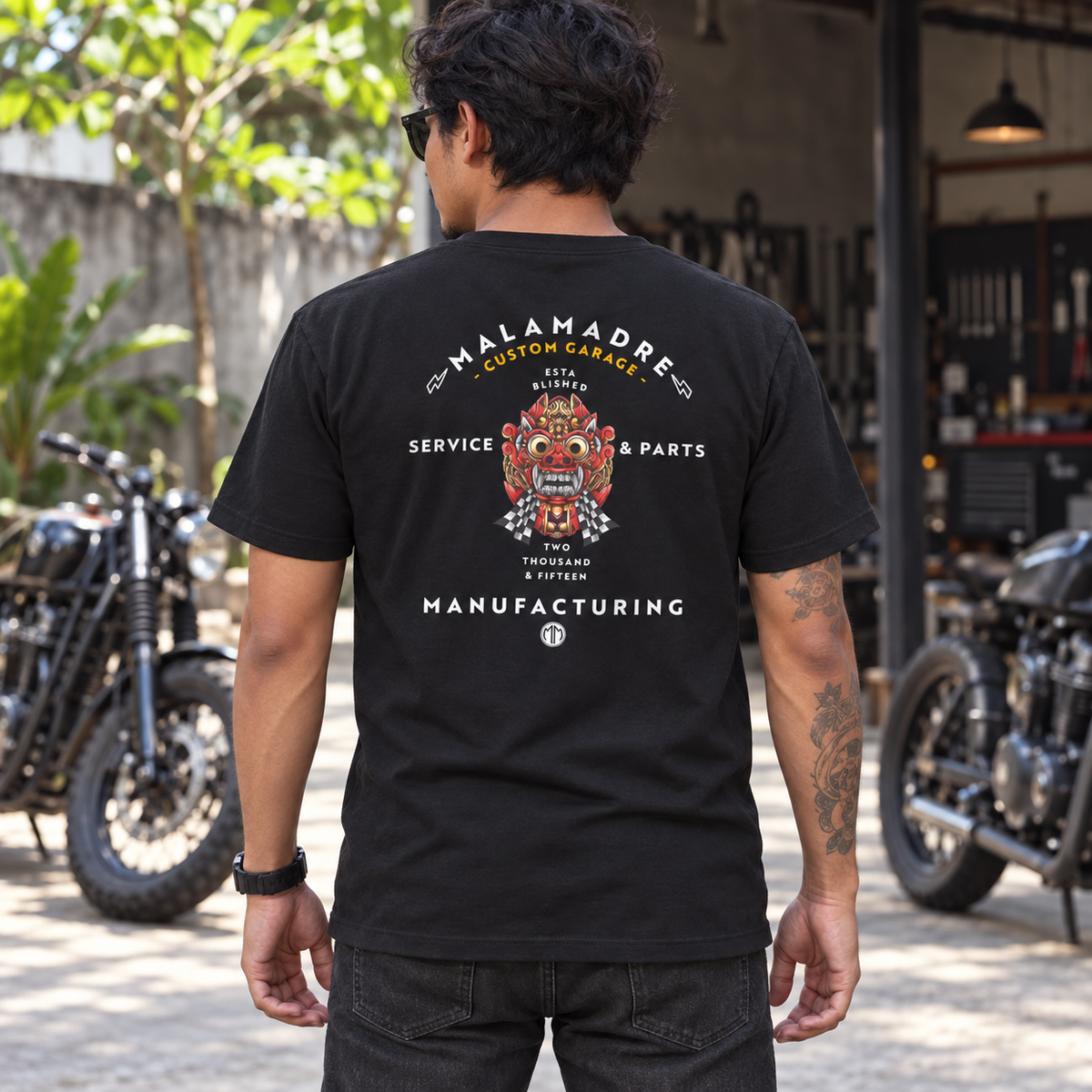 AI lifestyle mockup of MM BARON V-Neck T-Shirt; original product detail images retained