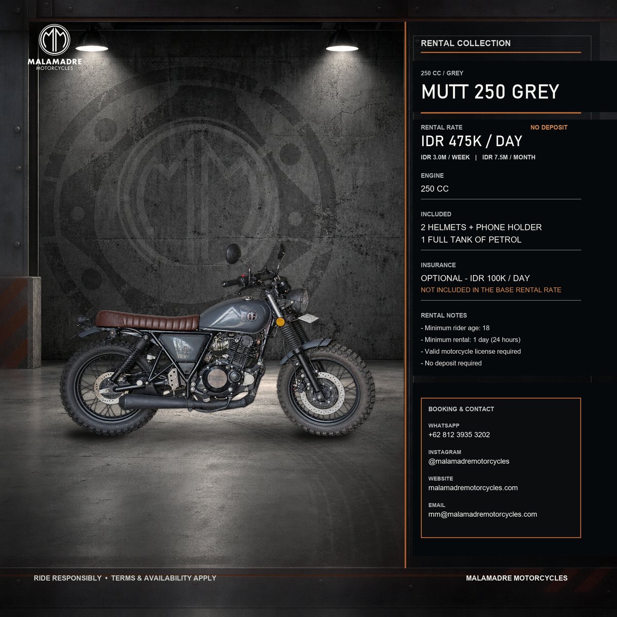 Mutt 250 Grey rental motorcycle