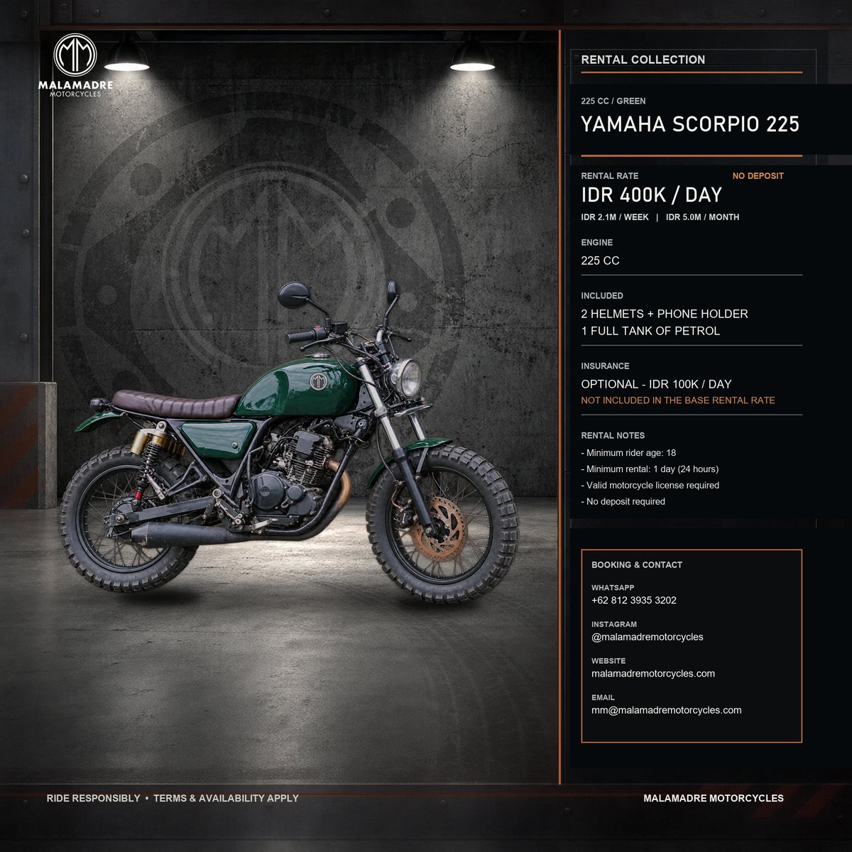 Yamaha Scorpio 225 Green rental motorcycle